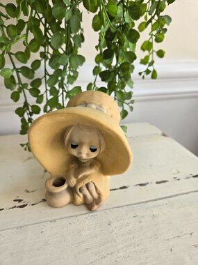 Cute Vintage Little Girl With Yellow Hat and Vase💛